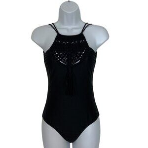 Lenny Niemeyer Crochet Tassel One Piece Swimsuit S Black High Neck Full Coverage
